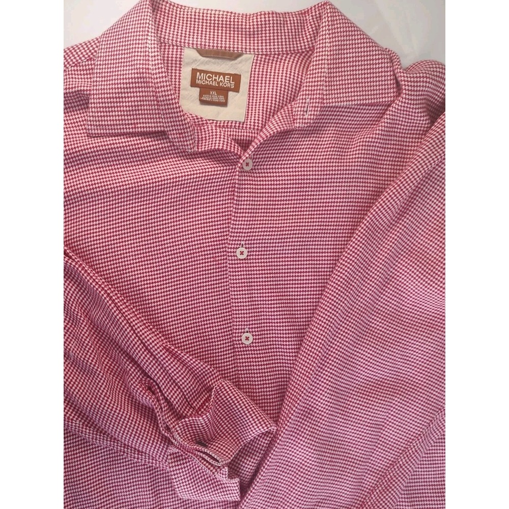 Michael Kors Button Down Mens XXL Red White Houndstooth‎ Excellent Long Sleeve